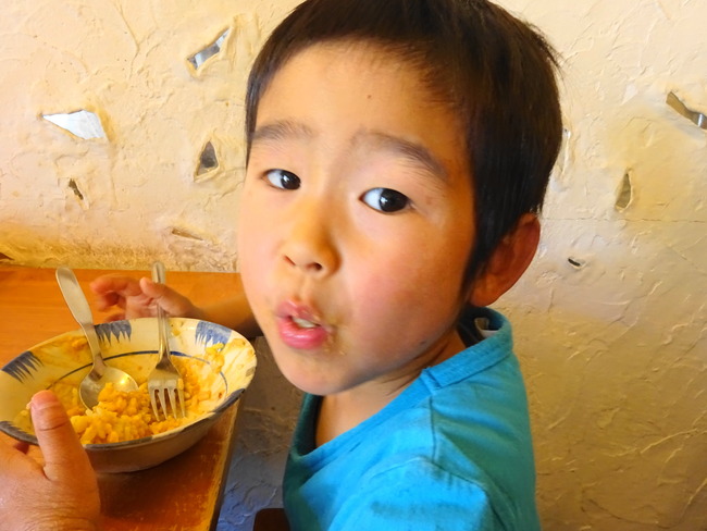 カルマのクリーミーチキンを食べる息子